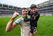 14 July 2024; Shane Walsh of Galway celebrates with Charlie Joyce, son of manager Padraic after the GAA Football All-Ireland Senior Championship semi-final match between Donegal and Galway at Croke Park in Dublin. Photo by David Fitzgerald/Sportsfile