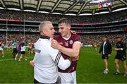 14 July 2024; Galway manager Pádraic Joyce celebrates with Matthew Tierney after the GAA Football All-Ireland Senior Championship semi-final match between Donegal and Galway at Croke Park in Dublin. Photo by Ray McManus/Sportsfile