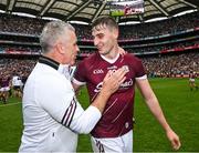 14 July 2024; Galway manager Pádraic Joyce celebrates with Matthew Tierney after the GAA Football All-Ireland Senior Championship semi-final match between Donegal and Galway at Croke Park in Dublin. Photo by Ray McManus/Sportsfile