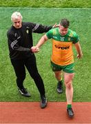 14 July 2024; Donegal manager Jim McGuinness shakes hands with team captain Patrick McBrearty after he was substituted during the GAA Football All-Ireland Senior Championship semi-final match between Donegal and Galway at Croke Park in Dublin. Photo by Daire Brennan/Sportsfile