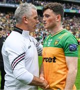 14 July 2024; Galway manager Pádraic Joyce with Niall O Donnell of Donegal after the GAA Football All-Ireland Senior Championship semi-final match between Donegal and Galway at Croke Park in Dublin. Photo by Ray McManus/Sportsfile