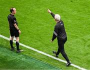 14 July 2024; Donegal manager Jim McGuinness demonstrates to linesman David Coldrick about a free during the GAA Football All-Ireland Senior Championship semi-final match between Donegal and Galway at Croke Park in Dublin. Photo by Daire Brennan/Sportsfile