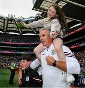 14 July 2024; Galway manager Padraic Joyce with his daughter Jodie, and son Charlie, after the GAA Football All-Ireland Senior Championship semi-final match between Donegal and Galway at Croke Park in Dublin. Photo by Ray McManus/Sportsfile