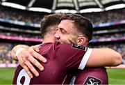 14 July 2024; Galway players Damien Comer, right, and Paul Conroy celebrate after their side's victory in the GAA Football All-Ireland Senior Championship semi-final match between Donegal and Galway at Croke Park in Dublin. Photo by Piaras Ó Mídheach/Sportsfile