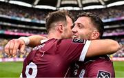 14 July 2024; Galway players Damien Comer, right, and Paul Conroy celebrate after their side's victory in the GAA Football All-Ireland Senior Championship semi-final match between Donegal and Galway at Croke Park in Dublin. Photo by Piaras Ó Mídheach/Sportsfile