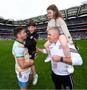 14 July 2024; Galway manager Padraic Joyce with his daughter Jodie and Shane Walsh with Charlie Joyce after the GAA Football All-Ireland Senior Championship semi-final match between Donegal and Galway at Croke Park in Dublin. Photo by David Fitzgerald/Sportsfile