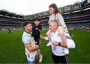 14 July 2024; Galway manager Padraic Joyce with his daughter Jodie and Shane Walsh with Charlie Joyce after the GAA Football All-Ireland Senior Championship semi-final match between Donegal and Galway at Croke Park in Dublin. Photo by David Fitzgerald/Sportsfile