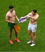 14 July 2024; Brendan McCole of Donegal and Damien Comer of Galway swap jerseys after the GAA Football All-Ireland Senior Championship semi-final match between Donegal and Galway at Croke Park in Dublin. Photo by Daire Brennan/Sportsfile