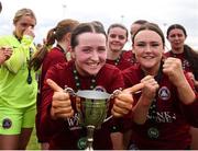 14 July 2024; Athenry captain Kerri O'Driscoll celebrates with the cup after the FAI Women's Under 17 Cup final match between Athenry and Killester Donnycarney FC at Mullingar Athletic FC in Gainstown, Westmeath. Photo by Michael P Ryan/Sportsfile