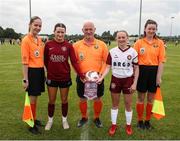 14 July 2024; Referee Ken Ennis and his assistants, left, Emma Rainey and Grainne Hannigan, right, with Athenry captain Kerri O'Driscoll, left, and Killester Donnycarney FC captain Drew Hendrick before the FAI Women's Under 17 Cup final match between Athenry and Killester Donnycarney FC at Mullingar Athletic FC in Gainstown, Westmeath. Photo by Michael P Ryan/Sportsfile