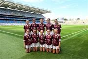 14 July 2024; The Galway team, back row, left to right, Clodagh Buckley, Spa NS, Tralee, Kerry, Lexi King, Dromanahane NS, Mallow, Cork, Caoimhe Flanagan, Scoil Uí Cheithearnaigh, Galway, Ava Ginty, Carramore NS, Swinford, Mayo, Jessica Hassett, Knockanean NS, Ennis, Clare, front row, left to right, Kayleigh Power, Ballyea NS, Ennis, Clare, Eibhlín McCarthy, Scoil Mhuire agus Naomh Treasa, Kerry, Katie Grimes, St Joseph's PS, Ballinrobe, Mayo, Isla Donohue, Scoil Bríde, Lackagh, Galway, Rebecca O'Connor, Kealkill NS, Bantry, Cork, ahead of the GAA INTO Cumann na mBunscol Respect Exhibition Go Games at the GAA Football All-Ireland Senior Championship semi-final match between Donegal and Galway at Croke Park in Dublin. Photo by Daire Brennan/Sportsfile