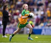 14 July 2024; Molly Maher, Scoil an Chroí Ró-Naofa, Urlingford, Kilkenny, representing Donegal, during the GAA INTO Cumann na mBunscol Respect Exhibition Go Games at the GAA Football All-Ireland Senior Championship semi-final match between Donegal and Galway at Croke Park in Dublin. Photo by Seb Daly/Sportsfile