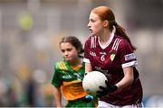 14 July 2024; Caoimhe Flanagan, Scoil Uí Cheithearnaigh, Galway, representing Galway, right, during the GAA INTO Cumann na mBunscol Respect Exhibition Go Games at the GAA Football All-Ireland Senior Championship semi-final match between Donegal and Galway at Croke Park in Dublin. Photo by Seb Daly/Sportsfile