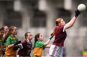 14 July 2024; Caoimhe Flanagan, Scoil Uí Cheithearnaigh, Galway, representing Galway, right, during the GAA INTO Cumann na mBunscol Respect Exhibition Go Games at the GAA Football All-Ireland Senior Championship semi-final match between Donegal and Galway at Croke Park in Dublin. Photo by Seb Daly/Sportsfile