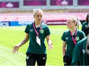 15 July 2024; Ceola Bergin, left, and Freya Healy of Republic of Ireland before the UEFA Women's Under-19 European Championships Group B match between Spain and Republic of Ireland at Futbolo stadionas Marijampoleje in Marijampole, Lithuania. Photo by Saulius Cirba/Sportsfile