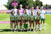 15 July 2024; The Republic of Ireland team, back row, from left, Aoife Kelly, Katie Keane, Eve Dossen, Lia O'Leary, Jessica Fitzgerald, and Joy Ralph, with, front row, from left, Sophie Morrin, Ellen Dolan, Kate Thompson, Meabh Russell and Jodie Loughrey before the UEFA Women's Under-19 European Championships Group B match between Spain and Republic of Ireland at Futbolo stadionas Marijampoleje in Marijampole, Lithuania. Photo by Saulius Cirba/Sportsfile