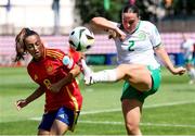 15 July 2024; Meabh Russell of Republic of Ireland in action against Ainhoa Alguacil of Spain during the UEFA Women's Under-19 European Championships Group B match between Spain and Republic of Ireland at Futbolo stadionas Marijampoleje in Marijampole, Lithuania. Photo by Saulius Cirba/Sportsfile