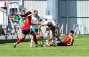 15 July 2024; Ellen Dolan of Republic of Ireland, centre, supported by teammate Meabh Russell is tackled by Pau Comendador of Spain during the UEFA Women's Under-19 European Championships Group B match between Spain and Republic of Ireland at Futbolo stadionas Marijampoleje in Marijampole, Lithuania. Photo by Saulius Cirba/Sportsfile