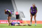 15 July 2024; Anna Patten, right, Abbie Larkin, left, and Ruesha Littlejohn during a Republic of Ireland women's training session at Páirc Uí Chaoimh in Cork. Photo by Stephen McCarthy/Sportsfile