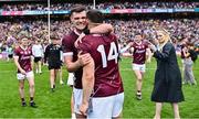 14 July 2024; Galway players Séan Mulkerrin and Damien Comer celebrate after their side's victory in the GAA Football All-Ireland Senior Championship semi-final match between Donegal and Galway at Croke Park in Dublin. Photo by Piaras Ó Mídheach/Sportsfile