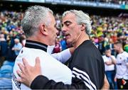 14 July 2024; Donegal manager Jim McGuinness, right, and Galway manager Pádraic Joyce after the GAA Football All-Ireland Senior Championship semi-final match between Donegal and Galway at Croke Park in Dublin. Photo by Piaras Ó Mídheach/Sportsfile