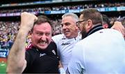 14 July 2024; Galway manager Pádraic Joyce, second from left, celebrates with his backroom team after their side's victory in the GAA Football All-Ireland Senior Championship semi-final match between Donegal and Galway at Croke Park in Dublin. Photo by Piaras Ó Mídheach/Sportsfile