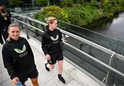 16 July 2024; Katie McCabe, left, and Aoife Mannion of Republic of Ireland during a pre-match team walk before the 2025 UEFA Women's European Championship qualifying group A match between Republic of Ireland and France at Páirc Uí Chaoimh in Cork. Photo by Stephen McCarthy/Sportsfile