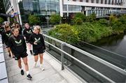 16 July 2024; Eva Mangan, left, and Jessie Stapleton of Republic of Ireland during a pre-match team walk before the 2025 UEFA Women's European Championship qualifying group A match between Republic of Ireland and France at Páirc Uí Chaoimh in Cork. Photo by Stephen McCarthy/Sportsfile