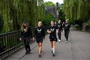 16 July 2024; Republic of Ireland players, from left, Grace Moloney, Katie McCabe and Niamh Fahey during a pre-match team walk in the grounds of UCC before the 2025 UEFA Women's European Championship qualifying group A match between Republic of Ireland and France at Páirc Uí Chaoimh in Cork. Photo by Stephen McCarthy/Sportsfile