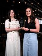 16 July 2024; Down’s Niamh King is presented with The Croke Park Hotel/LGFA Player of the Month award for June 2024 by The Croke Park Hotel assistant director of sales Ina Lazar at The Croke Park Hotel on Jones' Road in Dublin. Niamh starred for Down during their journey to the 2024 TG4 All-Ireland Intermediate Championship semi-finals, scoring 1-5 against Cavan and 0-2 in the victory over Westmeath in the group stages, before adding 0-4 in the quarter-final victory over Monaghan. Photo by Harry Murphy/Sportsfile