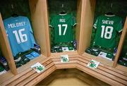 16 July 2024; The jerseys of Grace Moloney, Lily Agg and Marissa Sheva hang in the Republic of Ireland dressing room before the 2025 UEFA Women's European Championship qualifying group A match between Republic of Ireland and France at Páirc Uí Chaoimh in Cork. Photo by Stephen McCarthy/Sportsfile