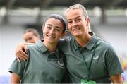 16 July 2024; Marissa Sheva, left, and Lily Agg of Republic of Ireland walk the pitch before the 2025 UEFA Women's European Championship qualifying group A match between Republic of Ireland and France at Páirc Uí Chaoimh in Cork. Photo by Stephen McCarthy/Sportsfile