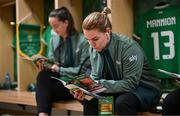 16 July 2024; Aoife Mannion of Republic of Ireland reads the match programme in the dressing room before the 2025 UEFA Women's European Championship qualifying group A match between Republic of Ireland and France at Páirc Uí Chaoimh in Cork. Photo by Stephen McCarthy/Sportsfile