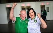 16 July 2024; Republic of Ireland supporters Ethel and Robert Larkin, parents of Abbie Larkin, before the 2025 UEFA Women's European Championship qualifying group A match between Republic of Ireland and France at Páirc Uí Chaoimh in Cork. Photo by David Fitzgerald/Sportsfile