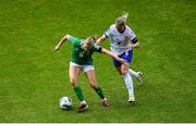 16 July 2024; Ruesha Littlejohn of Republic of Ireland in action against Amandine Henry of France during the 2025 UEFA Women's European Championship qualifying group A match between Republic of Ireland and France at Páirc Uí Chaoimh in Cork. Photo by Shauna Clinton/Sportsfile
