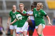 16 July 2024; Sandy Baltimore of France in action against Ruesha Littlejohn of Republic of Ireland during the 2025 UEFA Women's European Championship qualifying group A match between Republic of Ireland and France at Páirc Uí Chaoimh in Cork. Photo by Stephen McCarthy/Sportsfile