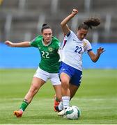16 July 2024; Ève Périsset of France in action against Jess Ziu of Republic of Ireland during the 2025 UEFA Women's European Championship qualifying group A match between Republic of Ireland and France at Páirc Uí Chaoimh in Cork. Photo by David Fitzgerald/Sportsfile