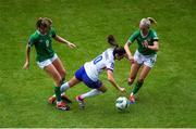 16 July 2024; Léa Le Garrec of France in action against Ruesha Littlejohn and Denise O'Sullivan of Republic of Ireland during the 2025 UEFA Women's European Championship qualifying group A match between Republic of Ireland and France at Páirc Uí Chaoimh in Cork. Photo by Shauna Clinton/Sportsfile