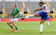 16 July 2024; Estelle Cascarino of France in action against Jess Ziu of Republic of Ireland during the 2025 UEFA Women's European Championship qualifying group A match between Republic of Ireland and France at Páirc Uí Chaoimh in Cork. Photo by Stephen McCarthy/Sportsfile