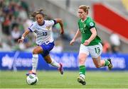 16 July 2024; Aoife Mannion of Republic of Ireland in action against Selma Bacha of France during the 2025 UEFA Women's European Championship qualifying group A match between Republic of Ireland and France at Páirc Uí Chaoimh in Cork. Photo by Stephen McCarthy/Sportsfile