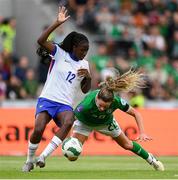 16 July 2024; Leanne Kiernan of Republic of Ireland falls under pressure from Thiniba Samoura of France during the 2025 UEFA Women's European Championship qualifying group A match between Republic of Ireland and France at Páirc Uí Chaoimh in Cork. Photo by Stephen McCarthy/Sportsfile