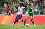 16 July 2024; Leanne Kiernan of Republic of Ireland in action against Thiniba Samoura of France during the 2025 UEFA Women's European Championship qualifying group A match between Republic of Ireland and France at Páirc Uí Chaoimh in Cork. Photo by Stephen McCarthy/Sportsfile