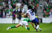 16 July 2024; Leanne Kiernan of Republic of Ireland falls under pressure from Thiniba Samoura of France during the 2025 UEFA Women's European Championship qualifying group A match between Republic of Ireland and France at Páirc Uí Chaoimh in Cork. Photo by David Fitzgerald/Sportsfile