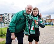 16 July 2024; Shamrock Rovers supporters Marc Johnston, left, and Zachary Pepper Johnston, aged 11, before the UEFA Champions League First Qualifying Round Second Leg match between Shamrock Rovers and Vikingur Reykjavik at Tallaght Stadium in Dublin. Photo by Thomas Flinkow/Sportsfile