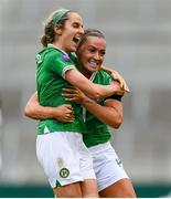 16 July 2024; Julie-Ann Russell of Republic of Ireland, left, celebrates with teammate Katie McCabe, right, after scoring their side's second goal during the 2025 UEFA Women's European Championship qualifying group A match between Republic of Ireland and France at Páirc Uí Chaoimh in Cork. Photo by Stephen McCarthy/Sportsfile