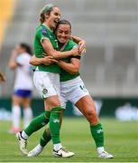 16 July 2024; Julie-Ann Russell of Republic of Ireland, left, celebrates with teammate Katie McCabe, right, after scoring their side's second goal during the 2025 UEFA Women's European Championship qualifying group A match between Republic of Ireland and France at Páirc Uí Chaoimh in Cork. Photo by Stephen McCarthy/Sportsfile