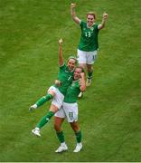 16 July 2024; Julie-Ann Russell of Republic of Ireland, 7, celebrates with teammate Katie McCabe after scoring their side's second goal during the 2025 UEFA Women's European Championship qualifying group A match between Republic of Ireland and France at Páirc Uí Chaoimh in Cork. Photo by Shauna Clinton/Sportsfile