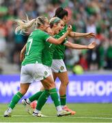 16 July 2024; Julie-Ann Russell of Republic of Ireland celebrates with teammate Lily Agg after scoring her side's second goal during the 2025 UEFA Women's European Championship qualifying group A match between Republic of Ireland and France at Páirc Uí Chaoimh in Cork. Photo by Stephen McCarthy/Sportsfile