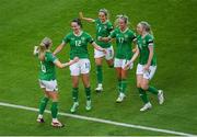 16 July 2024; Anna Patten of Republic of Ireland, 12, celebrates with teammates Megan Connolly, Julie-Ann Russell, Lily Agg and Louise Quinn after scoring their side's third goal during the 2025 UEFA Women's European Championship qualifying group A match between Republic of Ireland and France at Páirc Uí Chaoimh in Cork. Photo by Shauna Clinton/Sportsfile