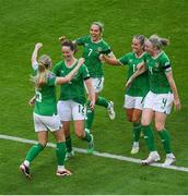 16 July 2024; Anna Patten of Republic of Ireland, 12, celebrates with teammates Megan Connolly, Julie-Ann Russell, Lily Agg and Louise Quinn after scoring their side's third goal during the 2025 UEFA Women's European Championship qualifying group A match between Republic of Ireland and France at Páirc Uí Chaoimh in Cork. Photo by Shauna Clinton/Sportsfile